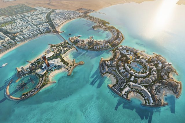 Masterplan visualisation of Al Marjan Island in Ras Al Khaimah, showing planned coastal development
