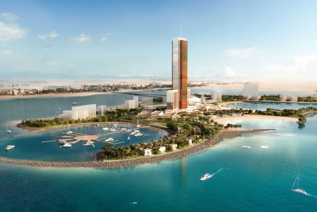 Official aerial visualisation of the planned Wynn Al Marjan Island resort and marina